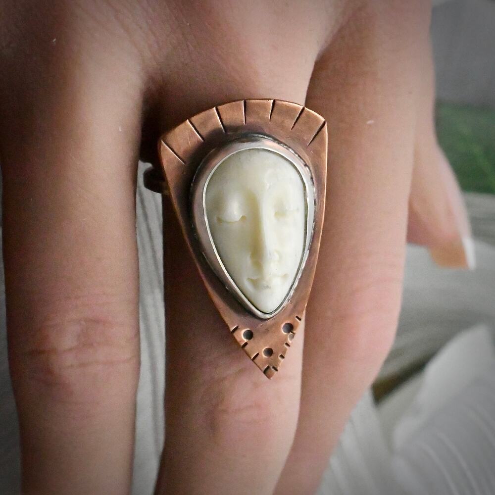 Atok Signed Studio Mixed Metal Carved Bone Cameo Goddess Ring Brass Copper 925